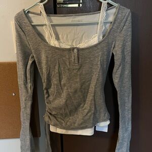 Gray Long Sleeve Layered Top with Lace Tank